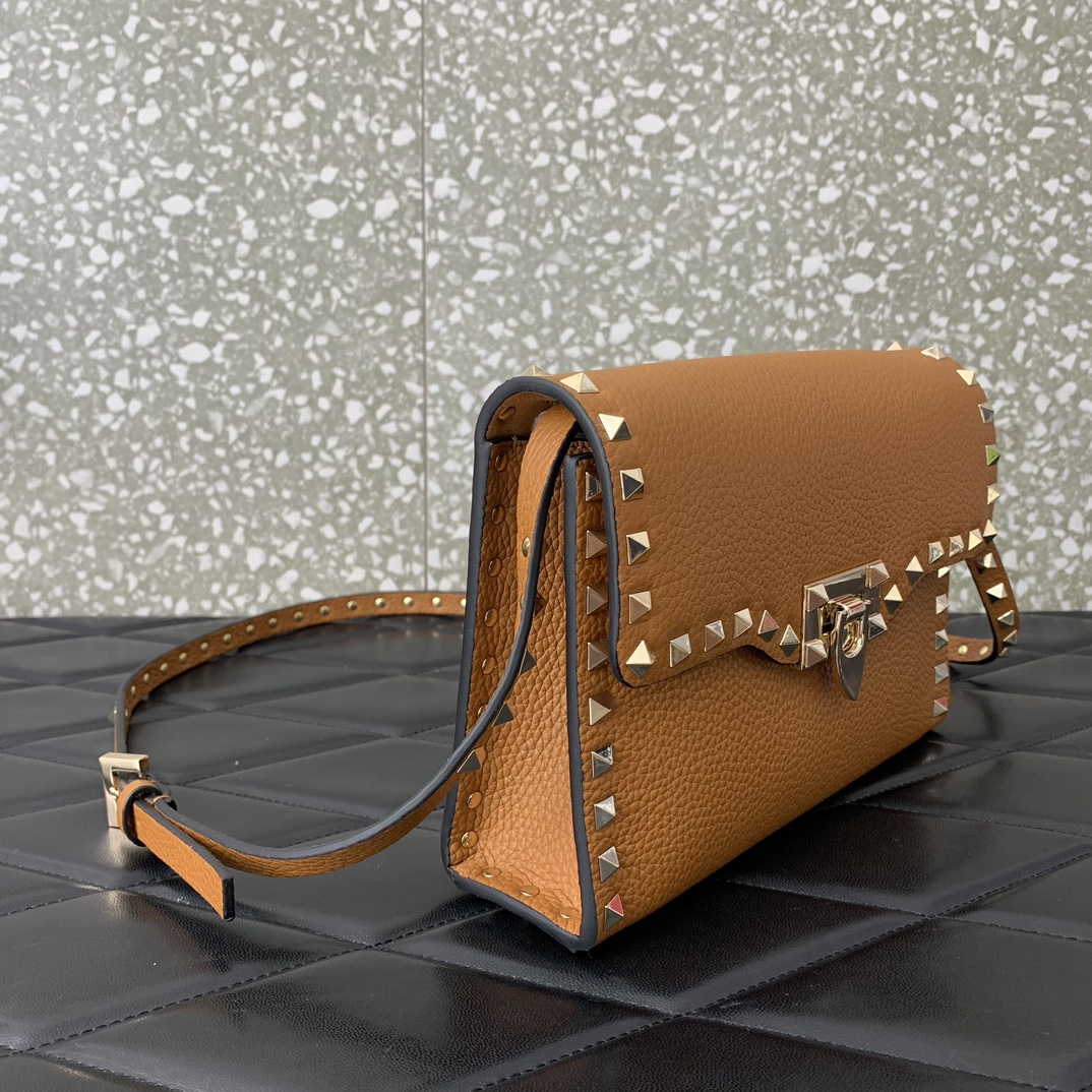 Valentino Garavani Rockstud Crossbody Bag in Brown Grainy Calfskin